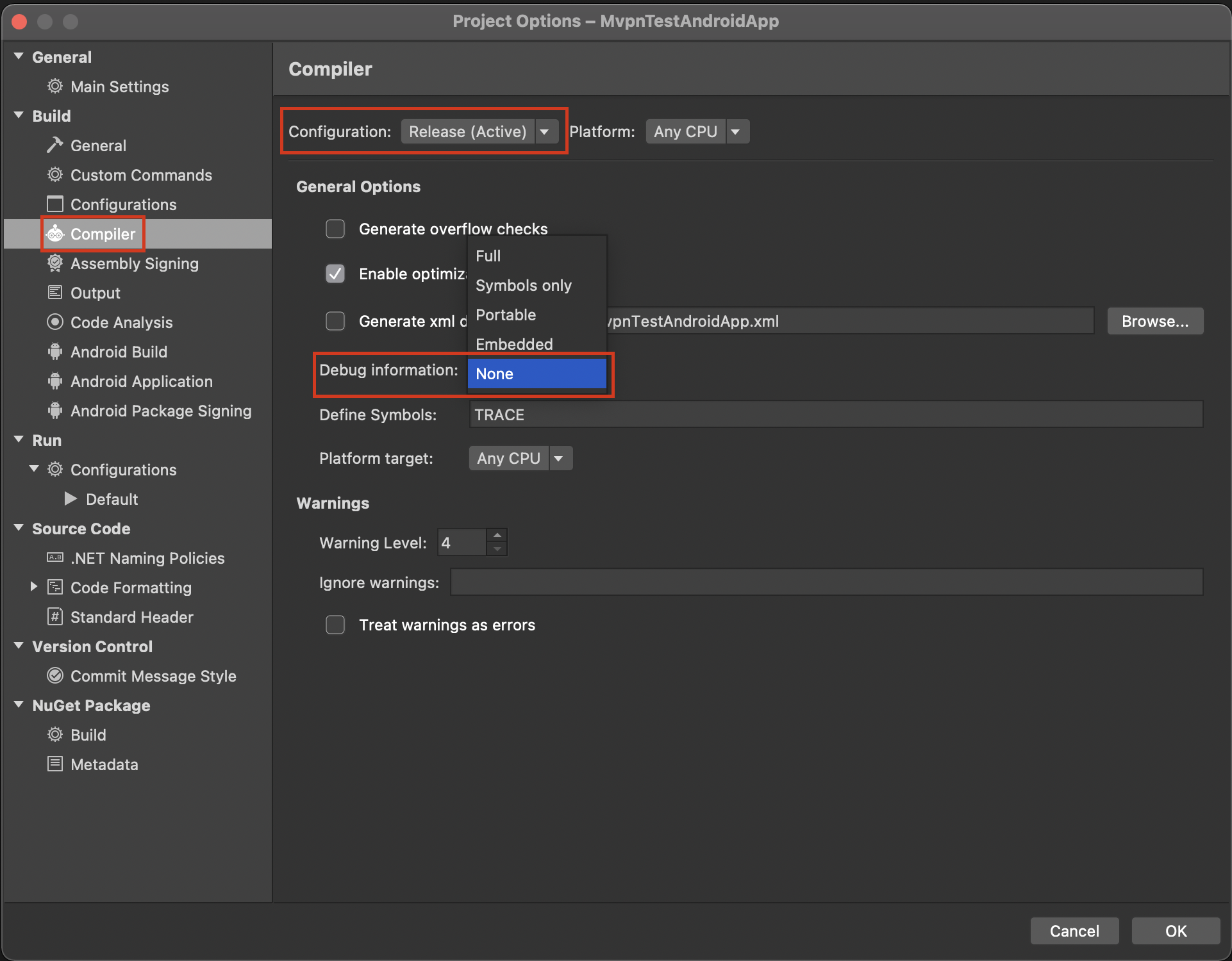 Remove debug info for Release build