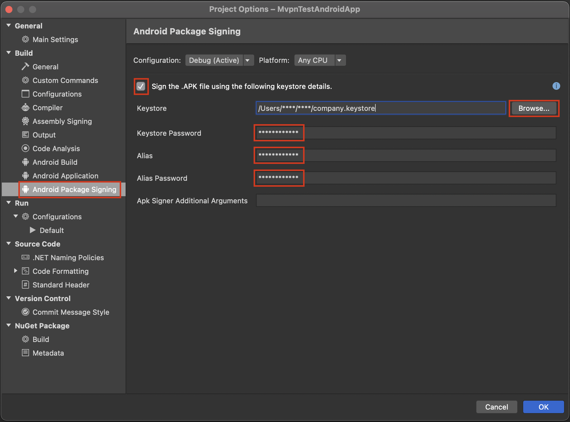 Add key details for debug build