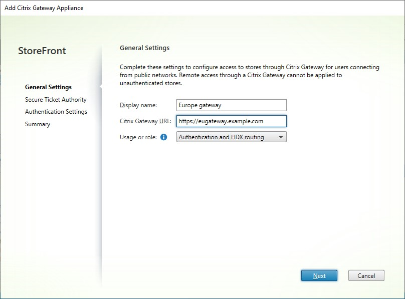 Screenshot of Add Gateway Appliance screen general settings tab