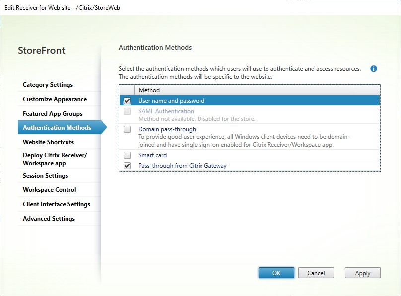 Screenshot of Authentication Methods screen
