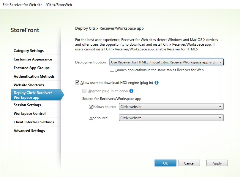 Screenshot of Deploy Citrix Workspace app tab