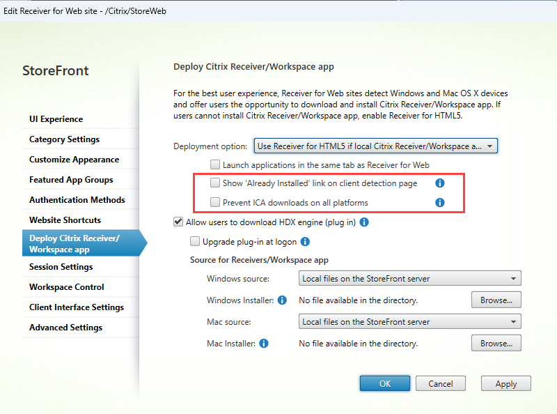Prevent ica download settings